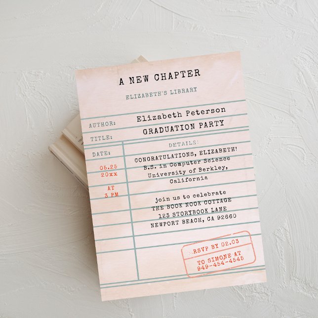 Convite Festa de Formatura para Amante de Livros com Cartã (book lover graduation party invitation library card vintage pink bookworm literary librarian type)
