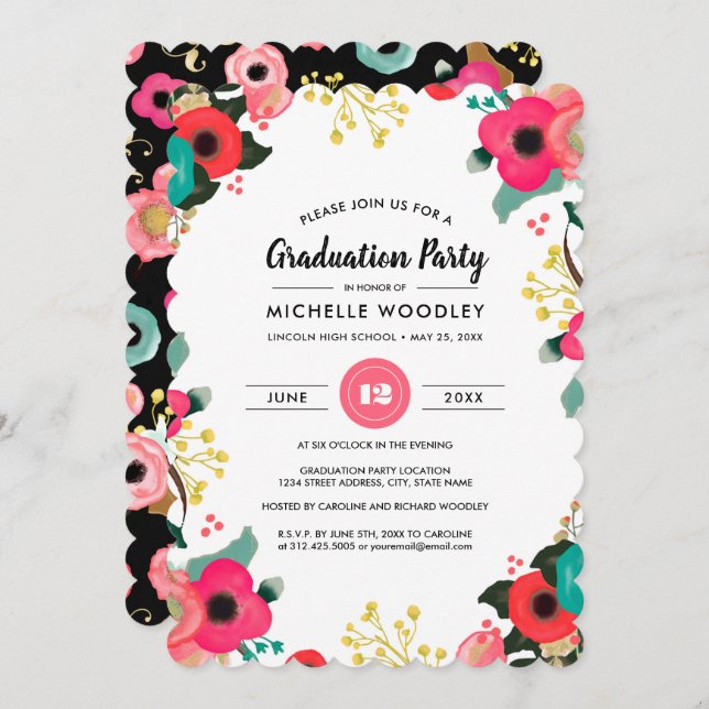 Convite Festa de formatura Personalizada de Pintura Floral (Frente/Verso)