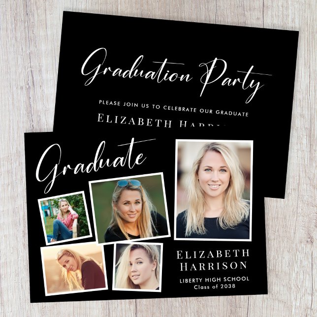Convite Festa de formatura Preta de Colagem de Fotos Moder (A modern photo collage graduation party invitation to celebrate the graduate's achievements)