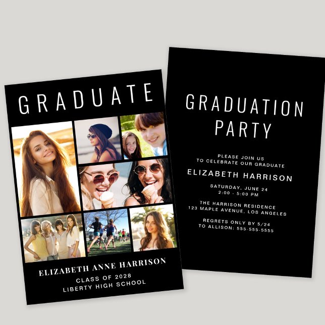 Convite Festa de formatura Preta de Colagem de Fotos Moder (A modern photo collage graduation party invitation to celebrate the graduate's achievements)