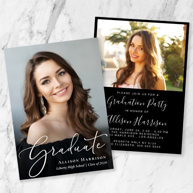 Convite Festa de formatura Preta de Fotografia de Script E (An elegant photo graduation announcement to celebrate the graduate's achievements)