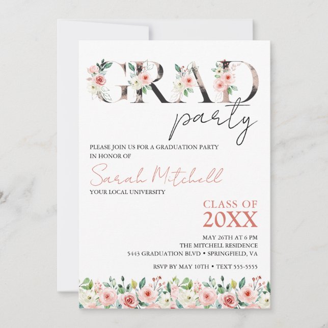 Convite Festa de formatura Preta, Dourada e Floral (Frente)