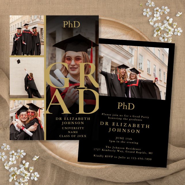 Convite Festa de formatura Preta E Dourada 5 Grau De PhD D (Black And Gold 5 Photo PhD Degree Graduation Party Invitation)