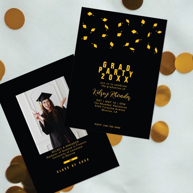Convite Festa de Formatura Preta e Dourada com Lançamento  (Criador carregado)