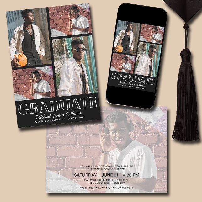 Convite Festa de formatura Preta Multifotográfica (Multi Photo Black Graduation Party Invitations - PRINTED and/or INSTANT DOWNLOAD)