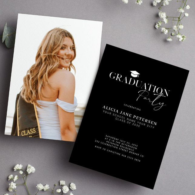 Convite Festa de formatura preta simples de fotos com scri (Criador carregado)
