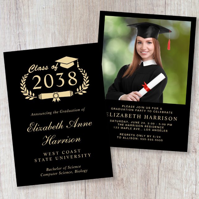 Convite Festa de Formatura Preto e Dourado Elegante com Ró (Elegant Photo Gold Script Black Graduation Party Invitation)