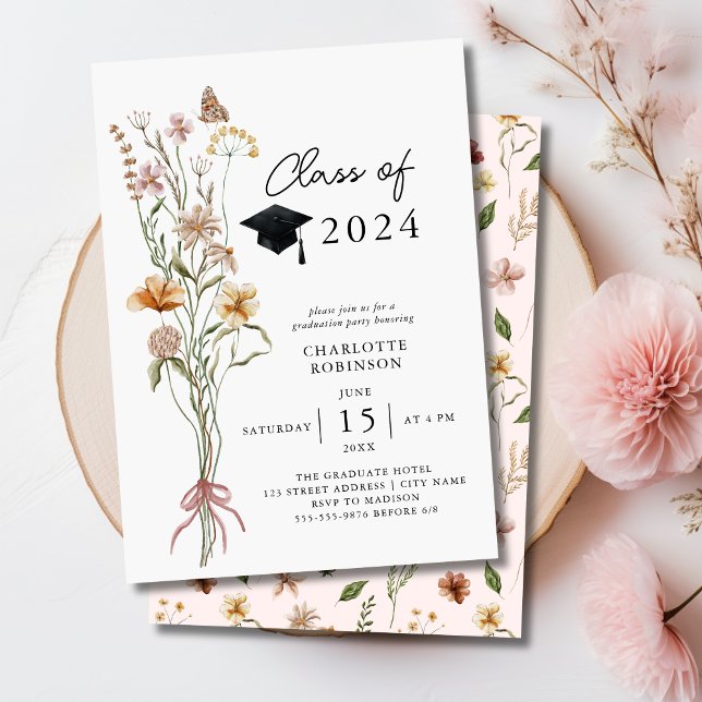 Convite Festa de formatura Primavera de Buquê de flor selv (Stylish Spring Wildflower Bouquet Graduation Party Invitation)