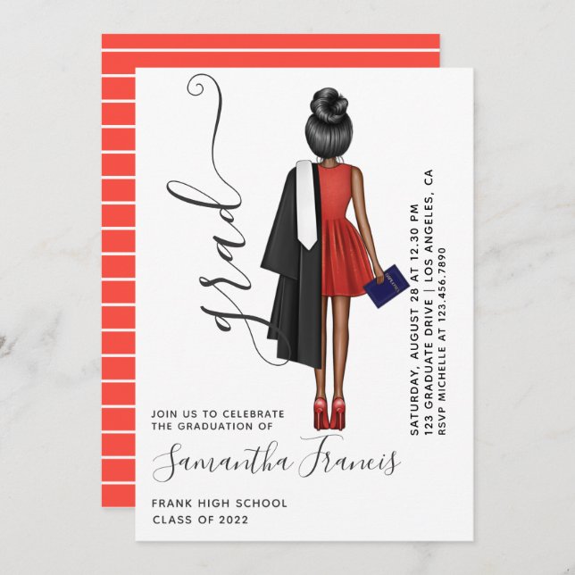 Convite Festa de formatura Red and White Girl (Frente/Verso)