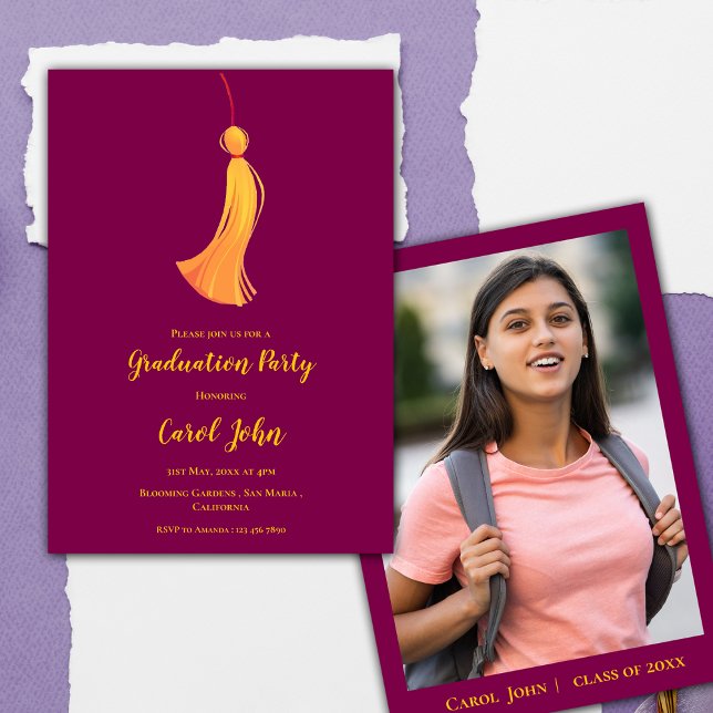 Convite Festa de formatura Red Dourada Tassel Cute 2025 (Red Gold Tassel Cute Photo 2025 Graduation Party Invitation)