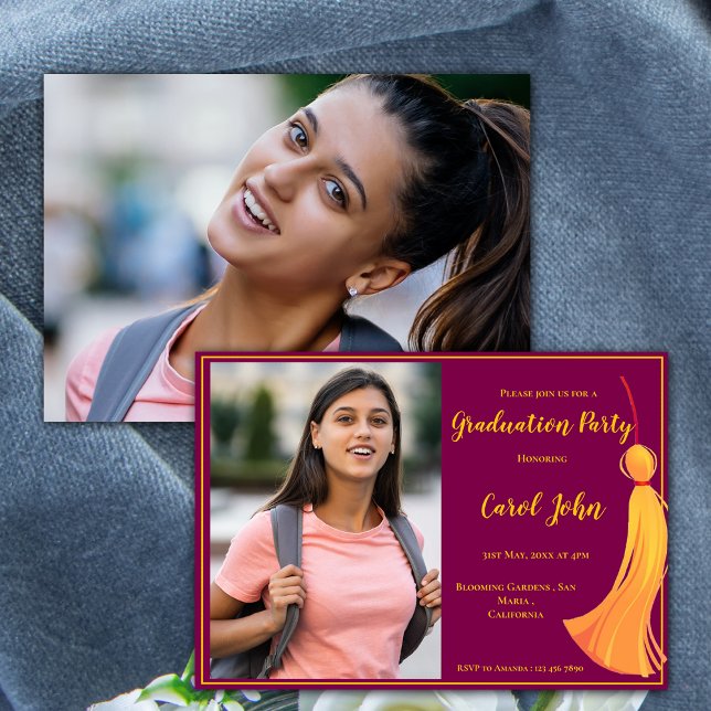 Convite Festa de formatura Red Dourado Tassel Elegant 2025 (Red Gold Tassel Elegant 2025 Graduation Party Invitation)