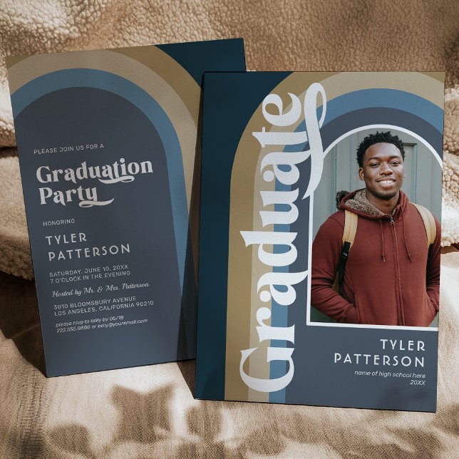 Convite Festa de formatura Retro Blue Arch Photo 2025 (Criador carregado)