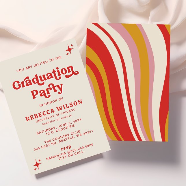 Convite Festa de formatura Retro Groovy Ivory Red 70s (Retro Groovy Ivory Red 70s Graduation Party Invitation)