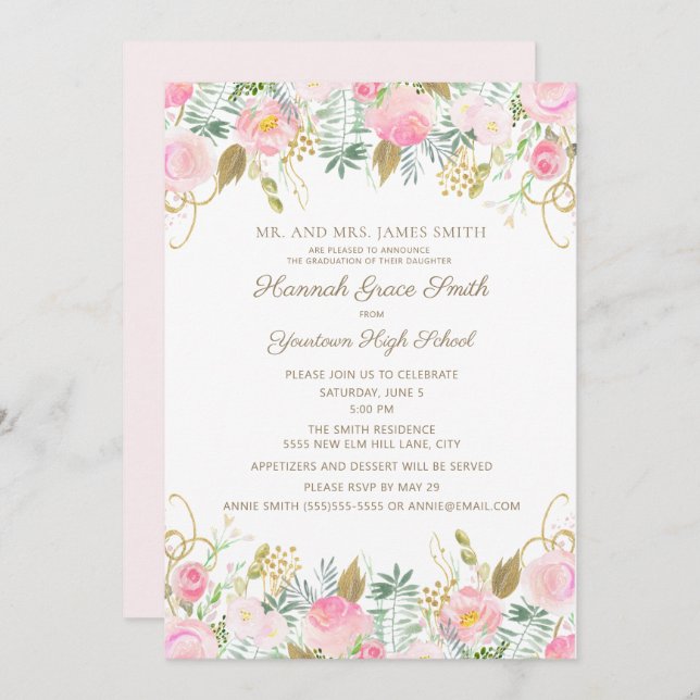 Convite Festa de formatura Rosa Dourada Floral Girls (Frente/Verso)