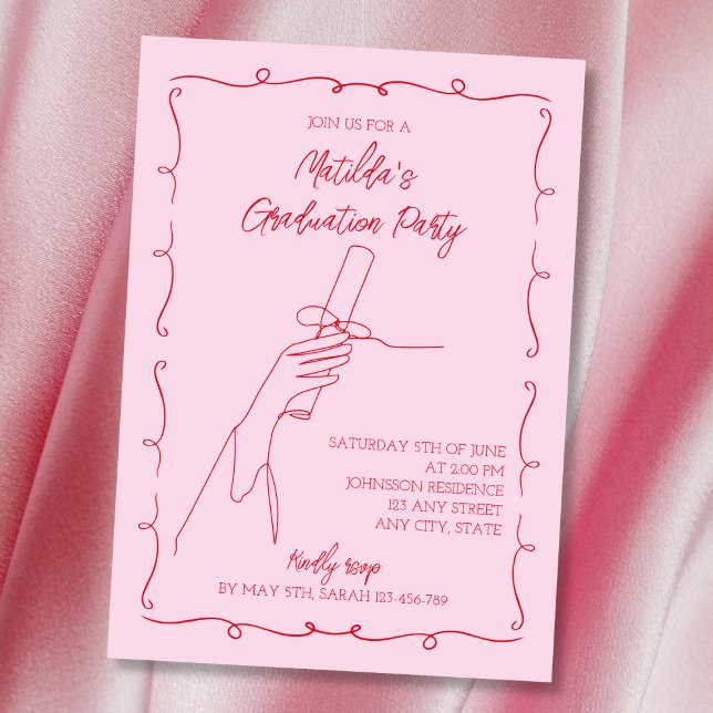 Convite Festa de formatura rosa e vermelha ilustrada desen (Hand Drawn Illustrated Pink & Red Graduation Party Invitation)