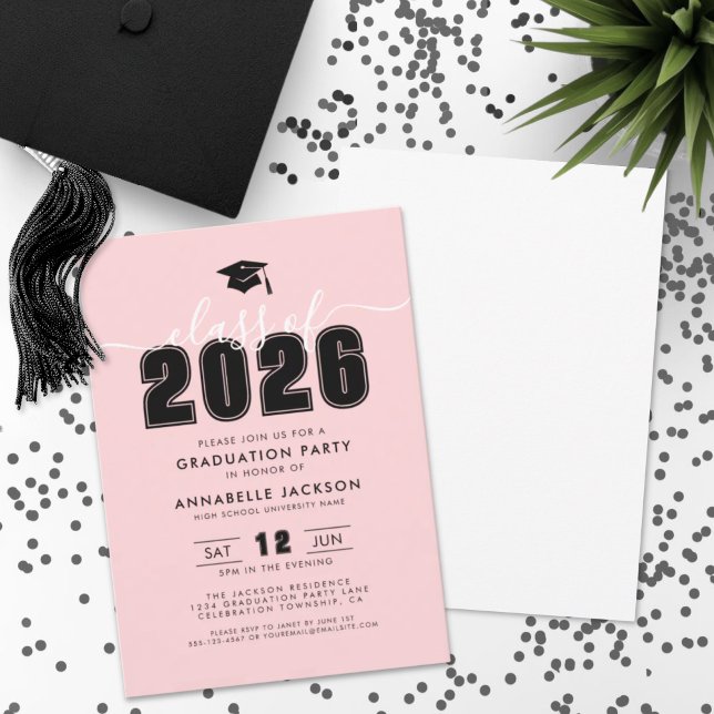 Convite Festa de formatura Rosa Moderno Simples (Simple Modern Pink Graduation Party Invitation)