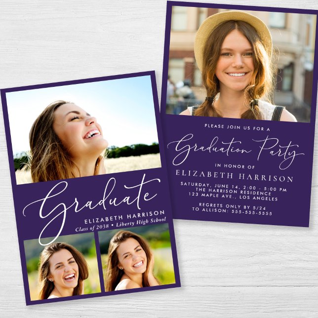 Convite Festa de formatura Roxo de Colagem de Fotos Elegan (An elegant photo graduation party invitation to celebrate the graduate's achievements)