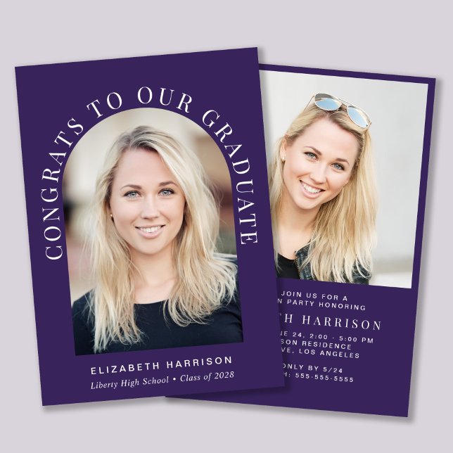 Convite Festa de formatura Roxo de Fotografia em Arch Eleg (An elegant arch photo graduation party invitation to celebrate the graduate's achievements)