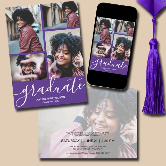 Convite Festa de formatura Roxo de Fotografias Múltiplas (Multi Photo Purple Graduation Party Invitations - PRINTED and/or INSTANT DOWNLOAD)