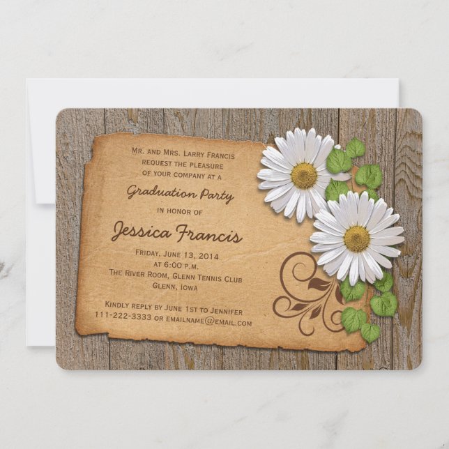 Convite Festa de formatura Rustic White Yellow Daisy Count (Frente)