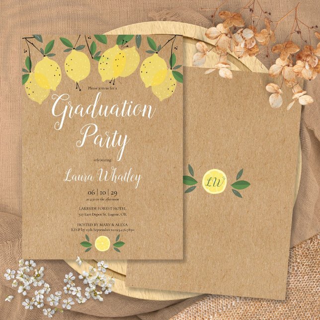 Convite Festa de formatura Rústica de Lêmons Greenery (Rustic Lemons Greenery Script Graduation Party Invitation)