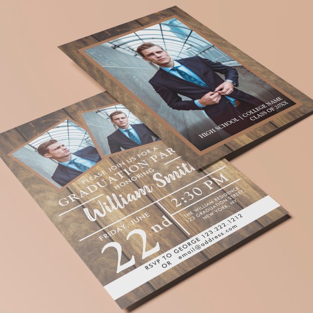 Convite Festa de formatura Rústica De Madeira Com 3 Fotos  (Criador carregado)