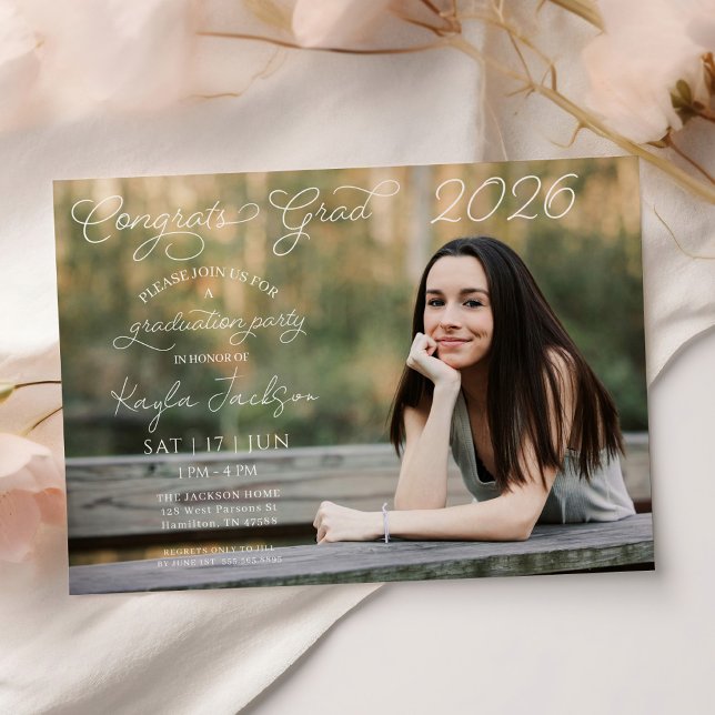 Convite Festa de Formatura Script Moderno Horizontal Photo (Photo Modern Script Horizontal Graduation Party Invitation)