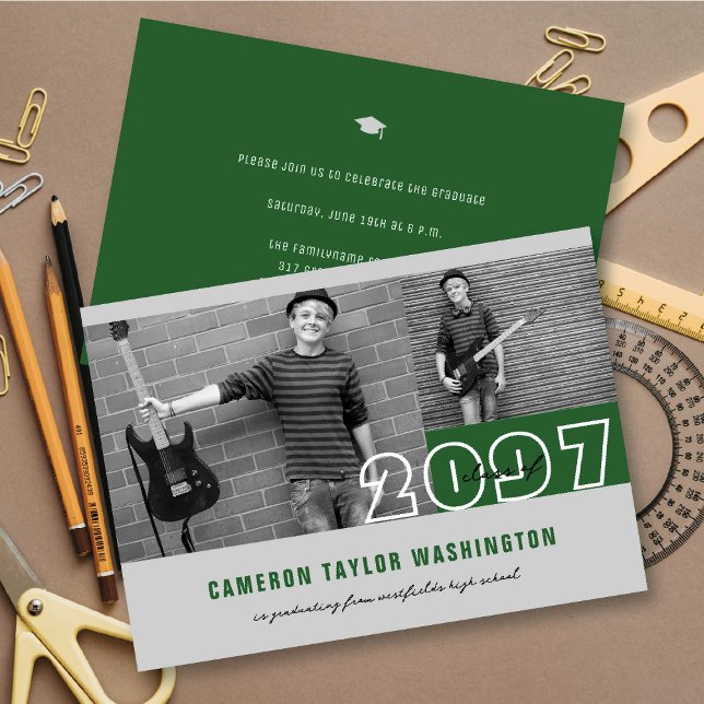 Convite Festa de formatura Simples de Bloco de Fotografias (Modern Green 2 Photo Blocks Simple Graduation Announcement & Party Invitation @ fatfatin)