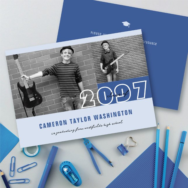 Convite Festa de formatura Simples de Blocos de Foto Azul  (Modern Blue 2 Photo Blocks Simple Graduation Announcement & Party Invitation @ fatfatin)