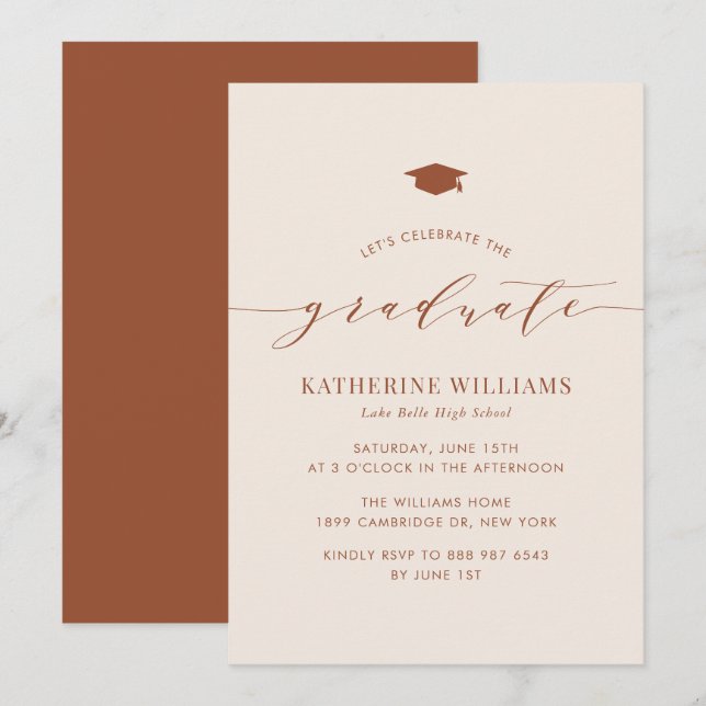 Convite Festa de formatura Terracotta de Script Minimalist (Frente/Verso)