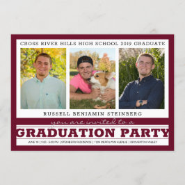 Convite Festa de formatura Três Fotos Maroon e Silver