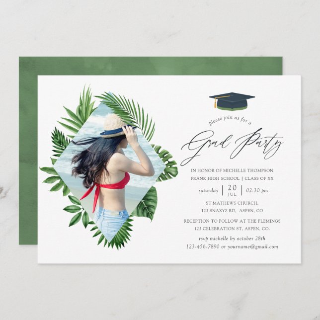 Convite Festa de formatura Tropical de Verão de Aquarela (Frente/Verso)