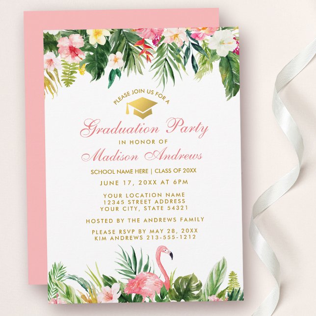 Convite Festa de formatura Tropical Rosa Dourada (Customize to change text color, text size, style or color of back of card.)