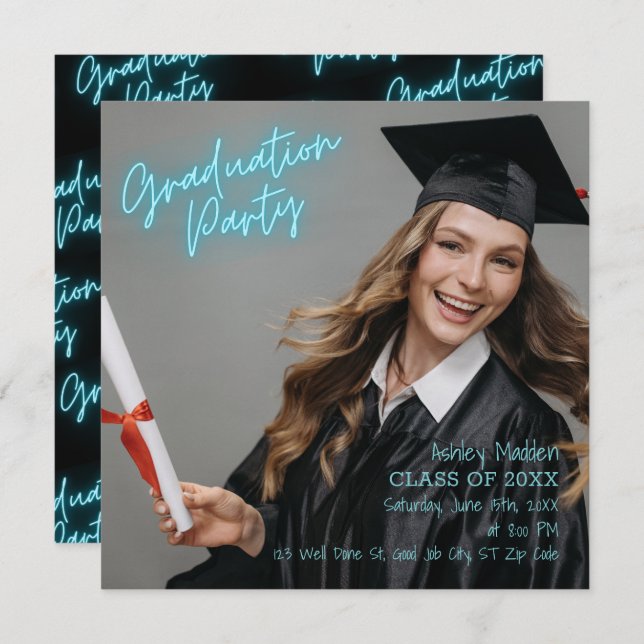 Convite Festa de formatura Turquoise Neon Modern (Frente/Verso)