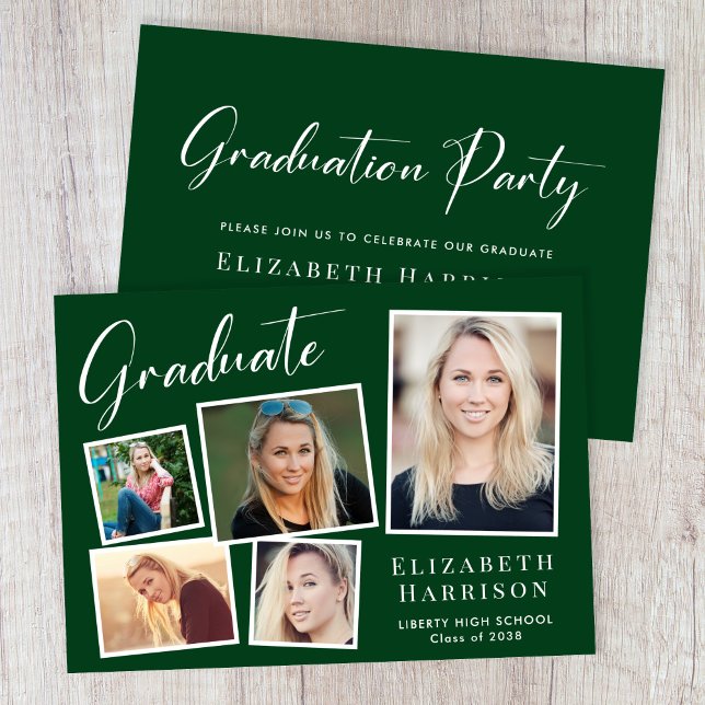 Convite Festa de formatura Verde de Colagem de Fotos Moder (A modern photo collage graduation party invitation to celebrate the graduate's achievements)
