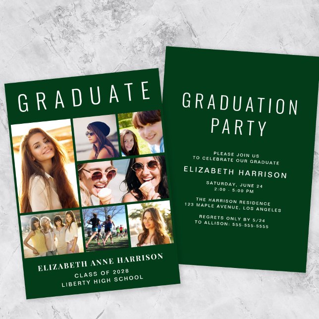 Convite Festa de formatura Verde de Colagem de Fotos Moder (A modern photo collage graduation party invitation to celebrate the graduate's achievements)