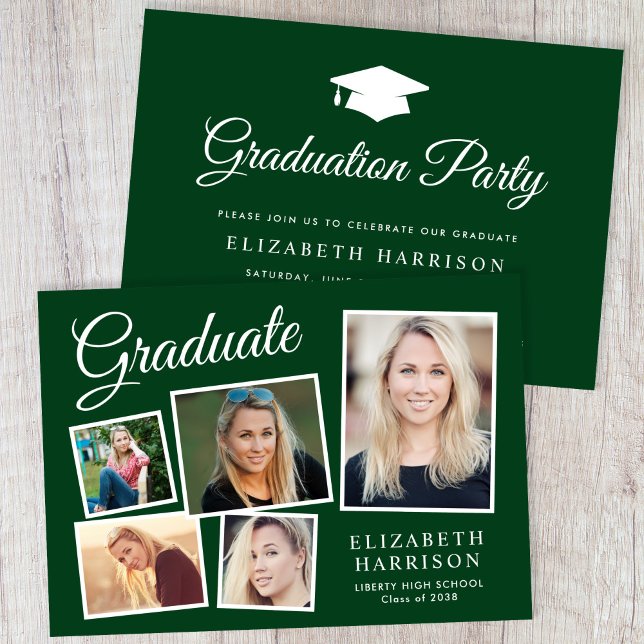 Convite Festa de formatura Verde de Colagem de Fotos Moder (A personalized photo graduation party invitation to celebrate the graduate's achievements)