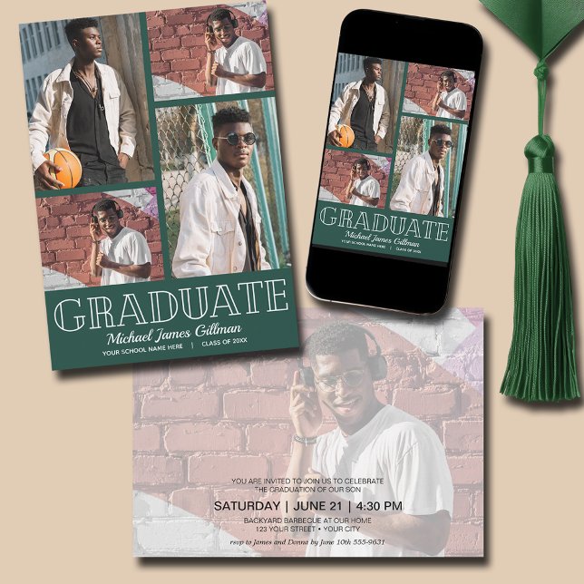 Convite Festa de formatura Verde Escuro de Várias Fotograf (Multi Photo Dark Green Graduation Party Invitations - PRINTED and/or INSTANT DOWNLOAD)