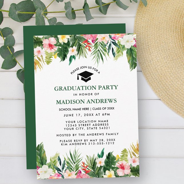 Convite Festa de formatura Verde Floral Tropical (Customize to change text color, style, add text & photos to back or change color of back of card.)