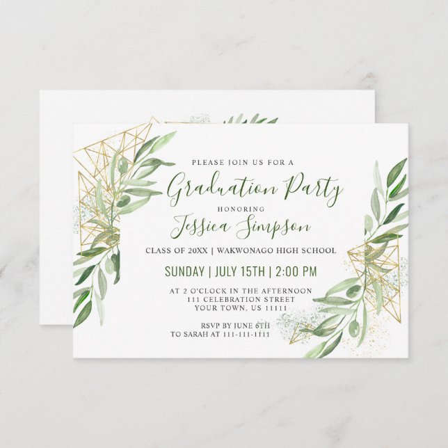 Convite Festa de formatura Verde Moderna Branch Greenery (Frente/Verso)