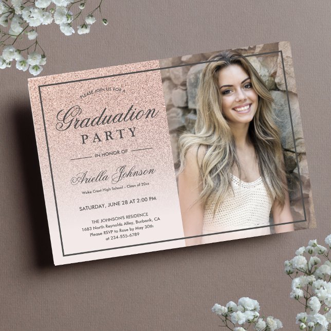 Convite Festa de formatura verde rosa Dourada Glitter ombr (Rose Gold Graduation Party Invitation)