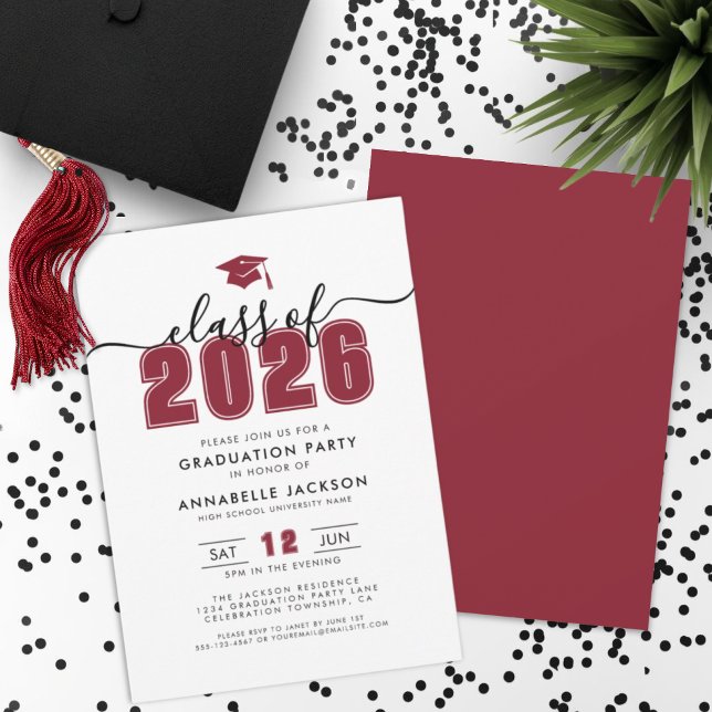 Convite Festa de formatura Vermelha Moderna Simples (Simple Modern Red Graduation Party Invitation)