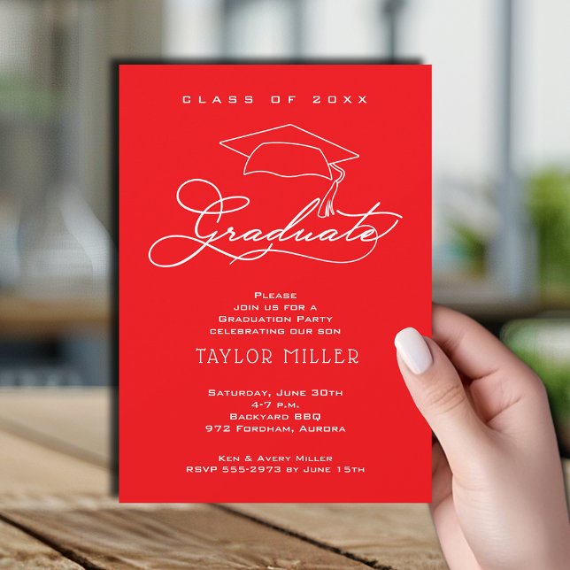 Convite Festa de formatura Vermelho do Boné Formando (Elegant white script and grad hat red graduation party invitations)