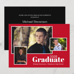 Convite Festa de formatura Vermelho e Preto com Três Fotog