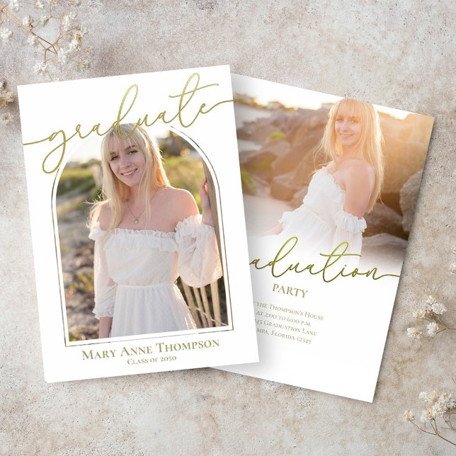Convite Festa de Foto de Graduação de Script Dourado (Graduation gold calligraphy script invitation)