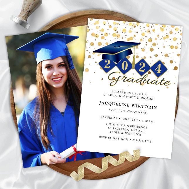 Convite Festa de Foto de Graduação Dourada Azul Elegante (Classic Blue Gold Graduation Photo Party Invitation)