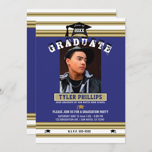 Convite Festa de Foto Dourada de Graduação Real Azul Branc (Frente/Verso)