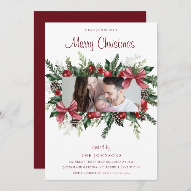 Convite Festa de Foto Feliz Dia de Natal Wreath (Frente/Verso)