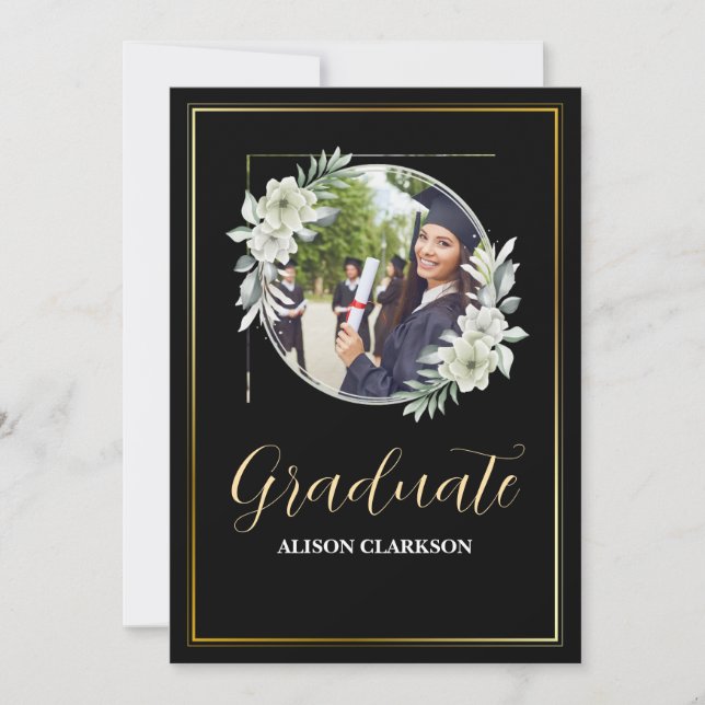 Convite Festa de Foto Floral Black and White Graduation 20 (Frente)