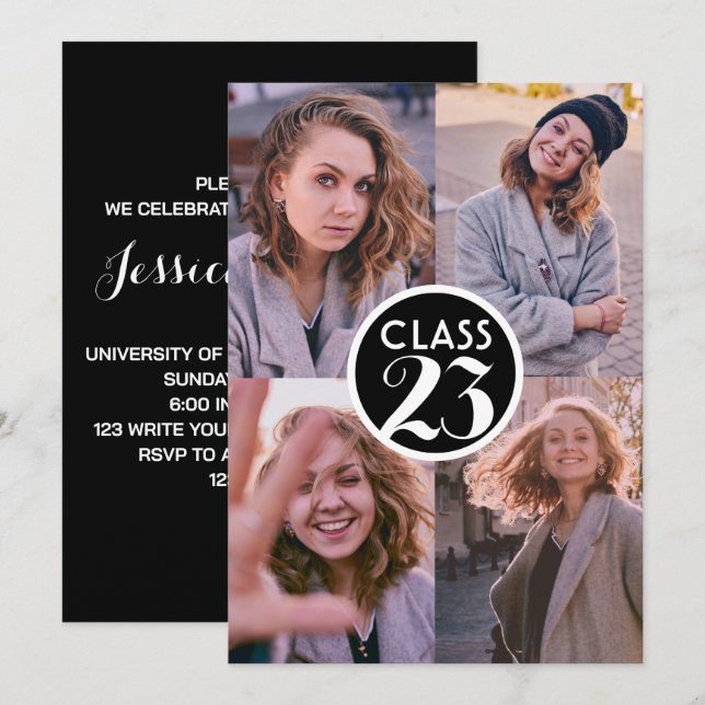 Convite Festa de Foto Mínima de Graduação Preta Simples (Frente/Verso)